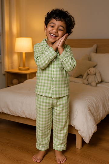 Kids Bamboo Green Checked Night Suit (Full Pants)