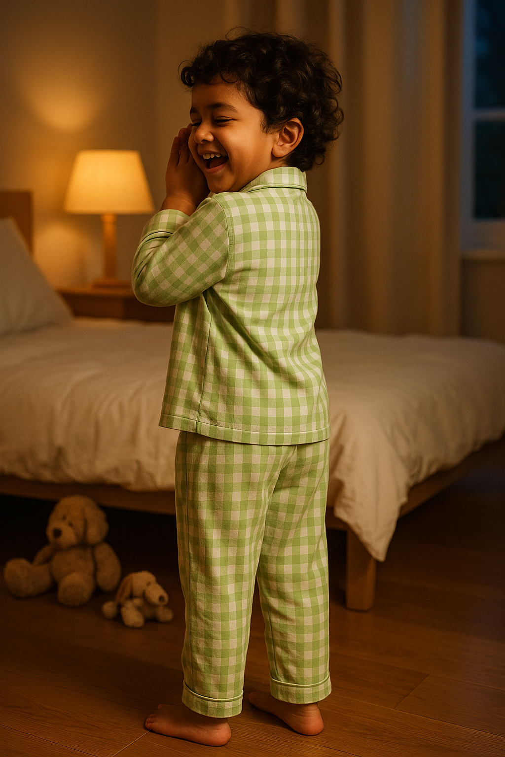 Kids Bamboo Green Checked Night Suit (Full Pants)