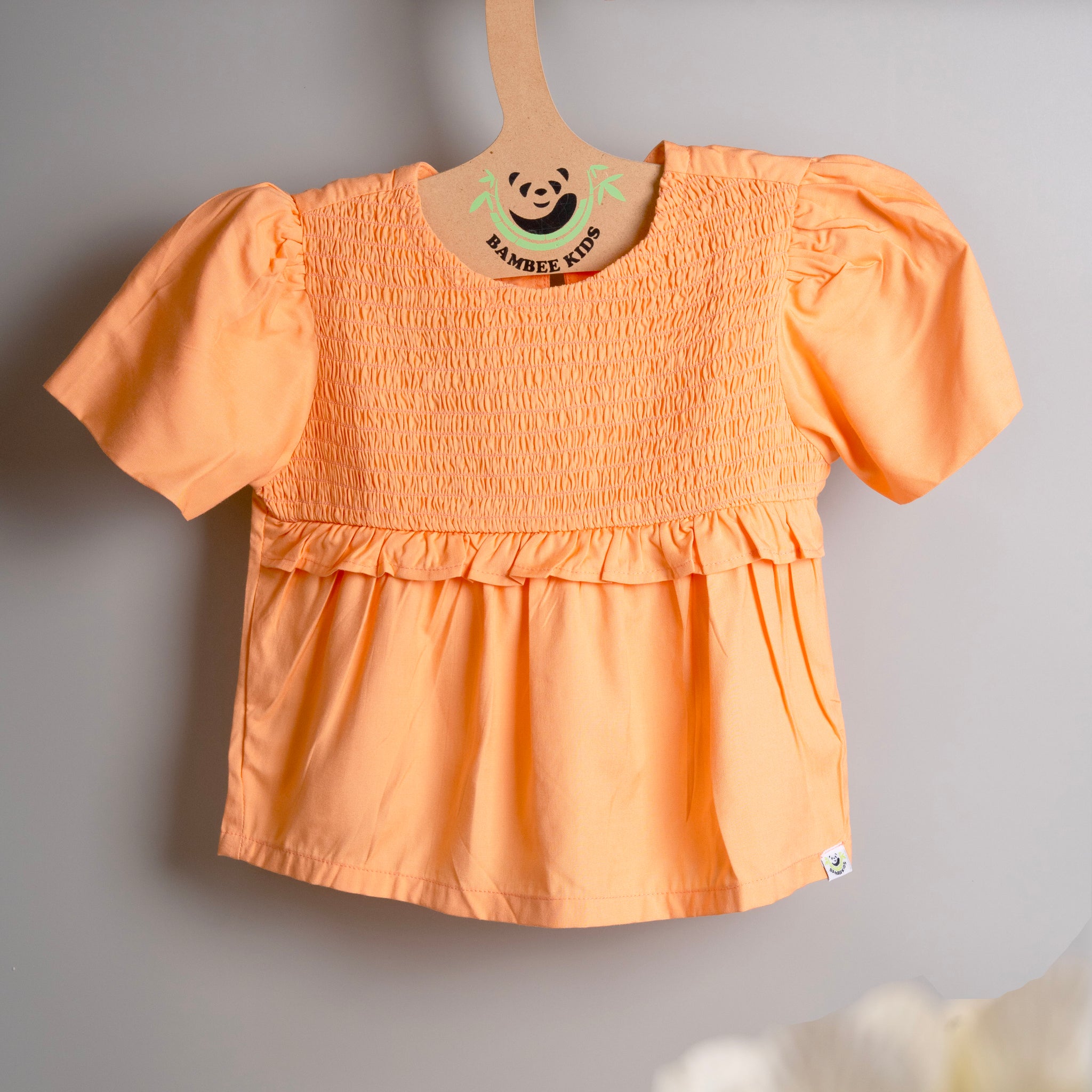 Girl Peach Bamboo Fuzz Top with Ruffle Sleeves