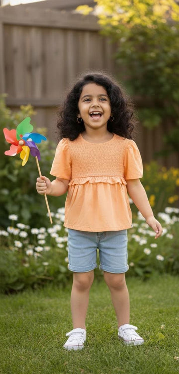 Girl Peach Bamboo Fuzz Top with Ruffle Sleeves